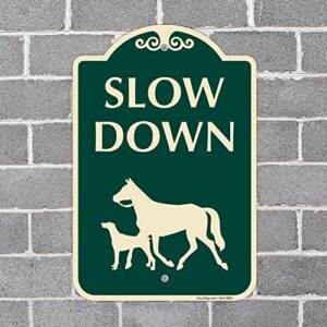 SmartSign Designer "Slow Down" Animal Crossing Sign with Horse & Dog Symbol, 12" x 18", 120 mil Aluminum Composite (ACM) with Overcoat, Engineer Grade Reflective, Green, Made in USA