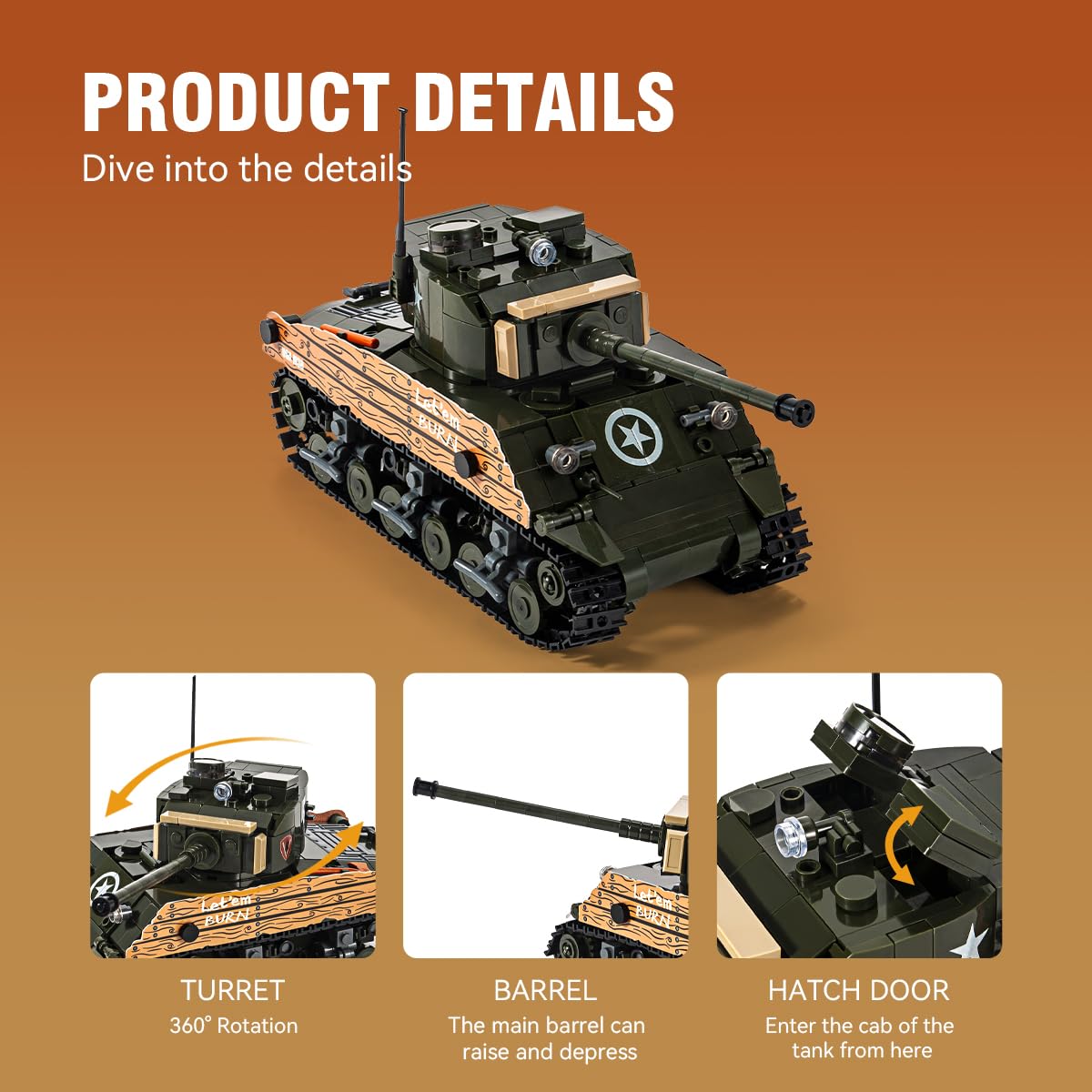 DAHONPA Sherman M4A3 Main Battle Tank Army Building Block(715 PCS),WW2 Military Historical Collection Model with 3 Soldier Figures,Toys Gifts for Kid and Adult.