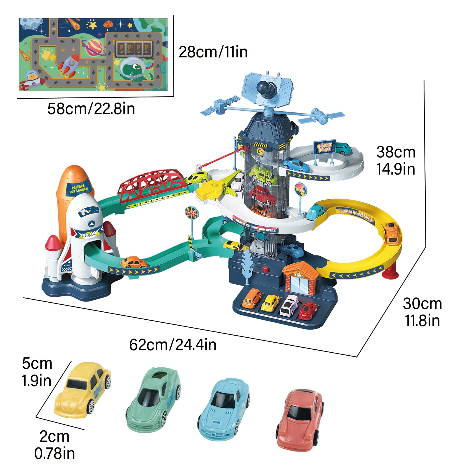 RedCrab Car Race Track Elevator Toy for Boys,Kids Space Toy Car Ramp Climbing Hills Parking Adventure Playset,Satellite Cars Garage Track with Electric Elevator Toy for Children