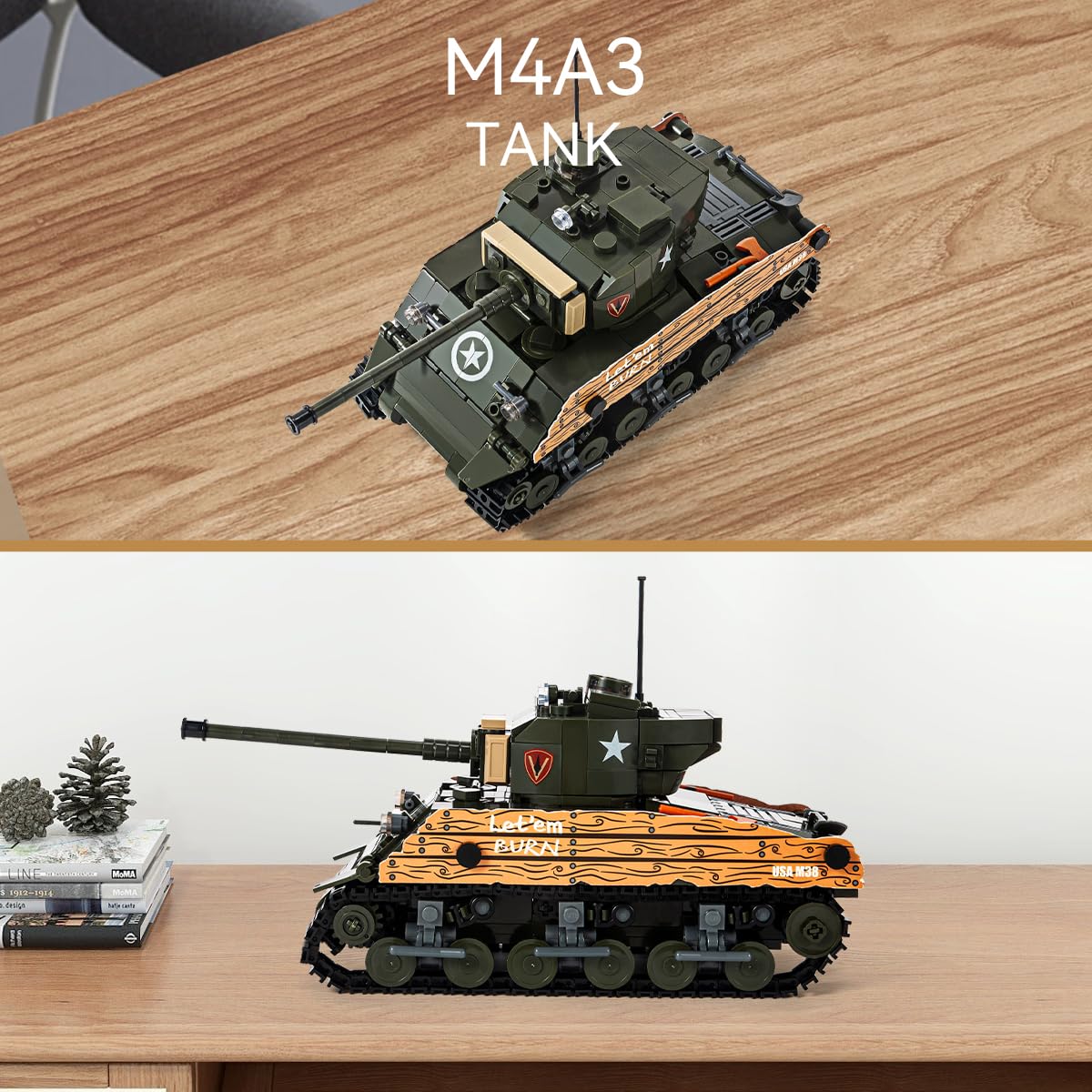 DAHONPA Sherman M4A3 Main Battle Tank Army Building Block(715 PCS),WW2 Military Historical Collection Model with 3 Soldier Figures,Toys Gifts for Kid and Adult.