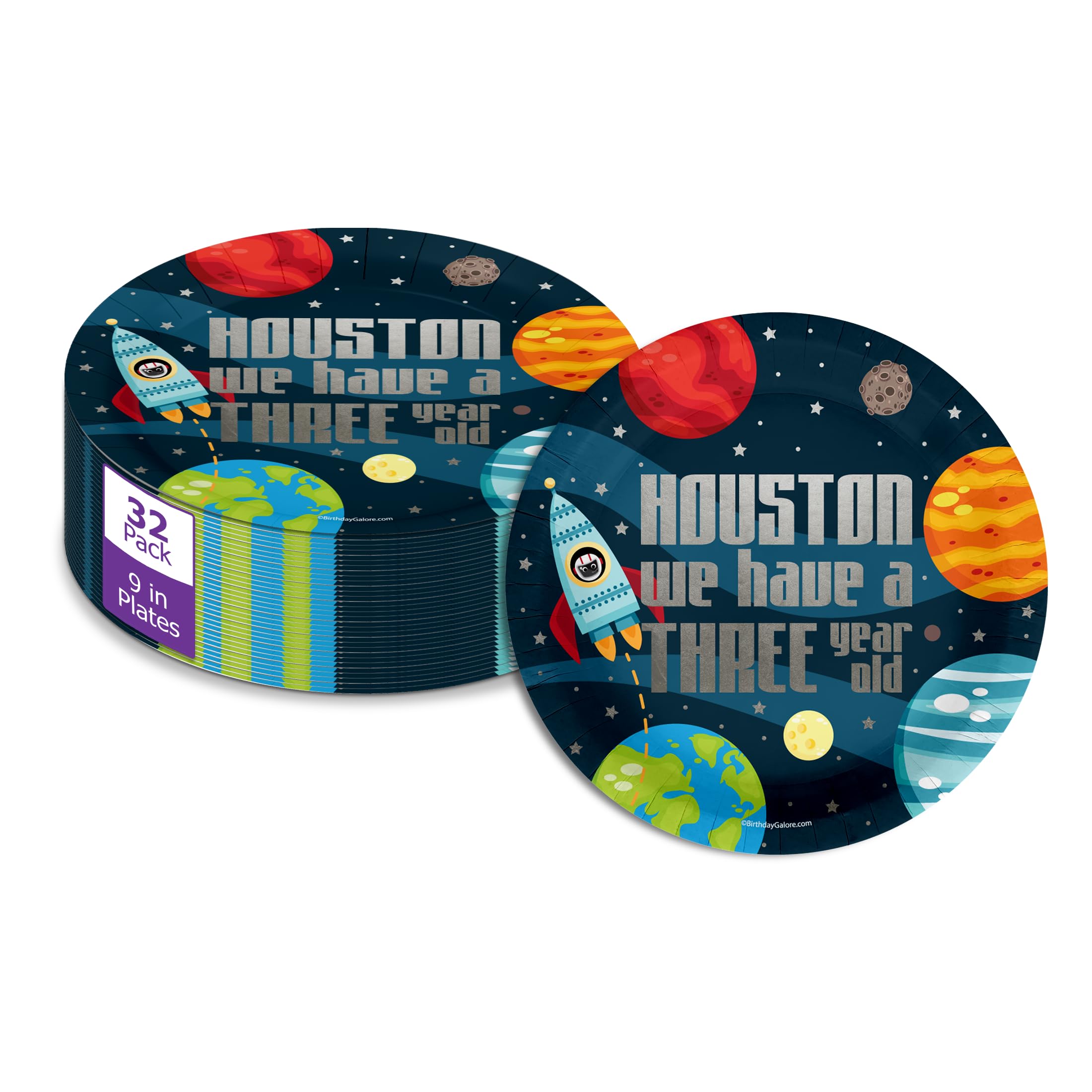 Houston We Have a Three Year Old Space Party Supplies - 32 Piece Space Third Birthday Party Plates - Boys 3rd Birthday Party - Rocket Large 9" Plates In Bulk