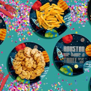 Houston We Have a Three Year Old Space Party Supplies - 32 Piece Space Third Birthday Party Plates - Boys 3rd Birthday Party - Rocket Large 9" Plates In Bulk