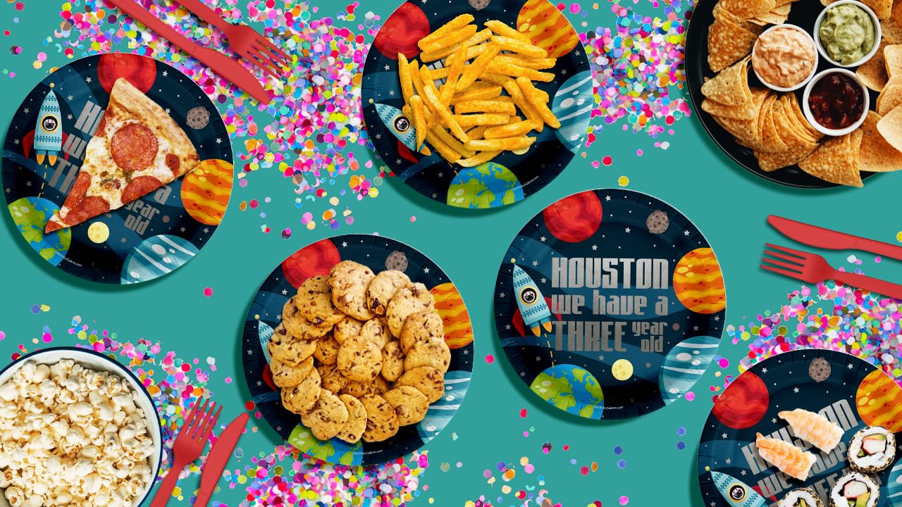 Houston We Have a Three Year Old Space Party Supplies - 32 Piece Space Third Birthday Party Plates - Boys 3rd Birthday Party - Rocket Large 9" Plates In Bulk