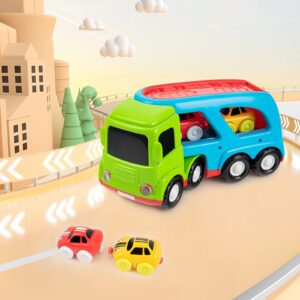 Auspint Car Toys for 1 2 3 4 5 Years Old Toddlers, Large Transport Truck and 2 Small Cartoon Magnetic Racing Cars, Transport Truck with Sounds and Lights, Best Gift for Boys and Girls