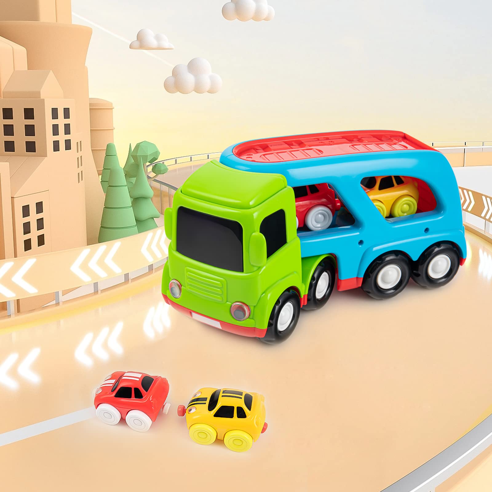 Auspint Car Toys for 1 2 3 4 5 Years Old Toddlers, Large Transport Truck and 2 Small Cartoon Magnetic Racing Cars, Transport Truck with Sounds and Lights, Best Gift for Boys and Girls