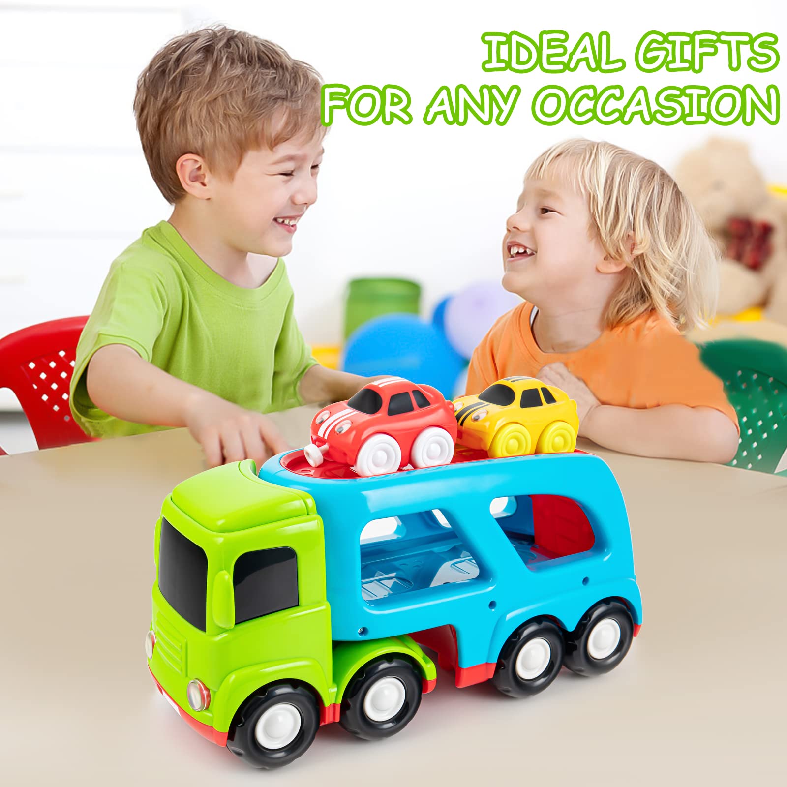 Auspint Car Toys for 1 2 3 4 5 Years Old Toddlers, Large Transport Truck and 2 Small Cartoon Magnetic Racing Cars, Transport Truck with Sounds and Lights, Best Gift for Boys and Girls