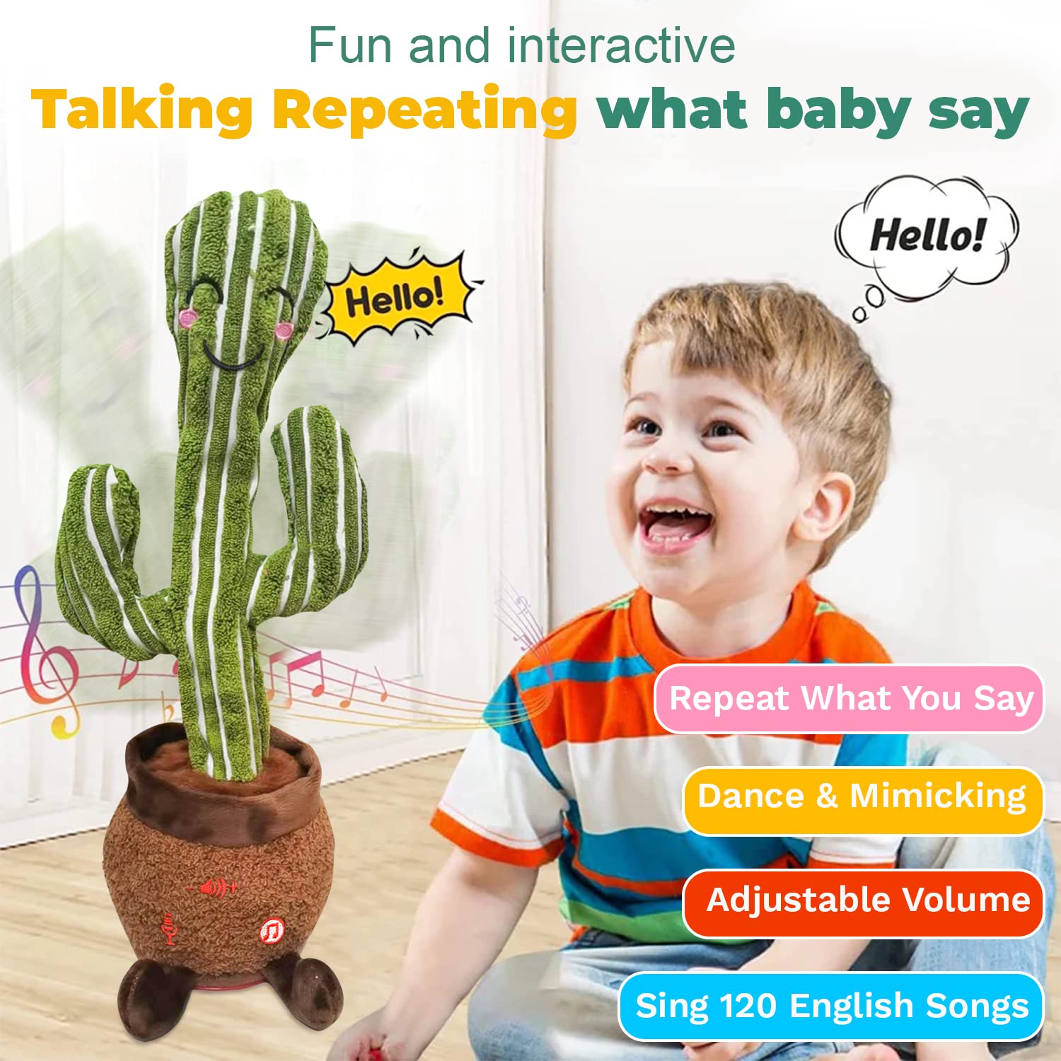 MIAODAM Dancing Cactus Baby Toy Volume Adjustable Talking Cactus Toy, Repeating What You Say Baby Toys, Dancing Cactus Mimicking Toy with 120 English Song and LED Lighting for Baby Toys 6 to 12 Months