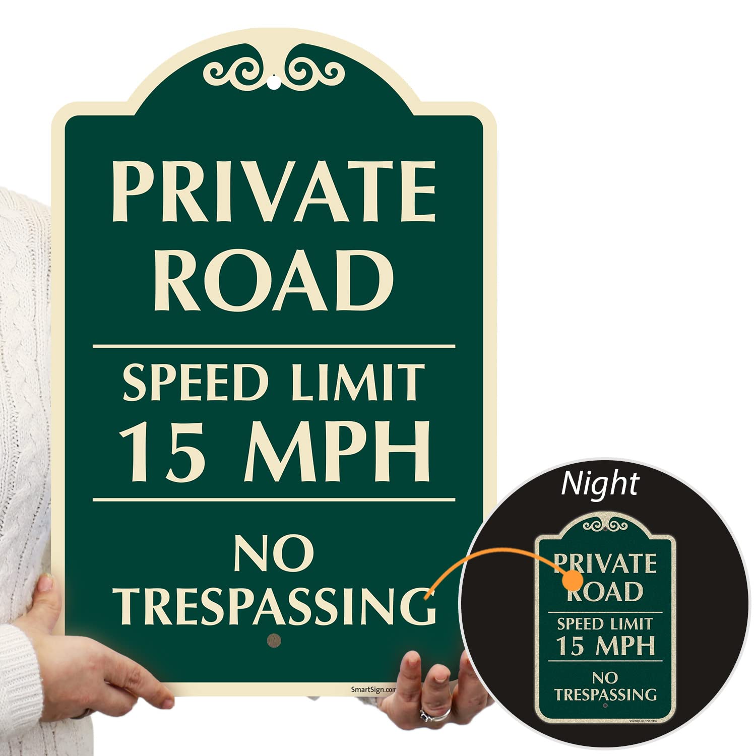 SmartSign Designer "Private Road - Speed Limit 15 MPH, No Trespassing" Sign, 12" x 18", 120 mil Aluminum Composite (ACM) with Overcoat, Engineer Grade Reflective, Green, Made in USA