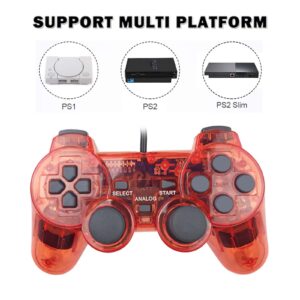 JINHOABF 2 Pack PS2 Wired Controller,Double Shock Gamepad Compatible with Playstation 2 Console (Clear Red and Clear Blue)