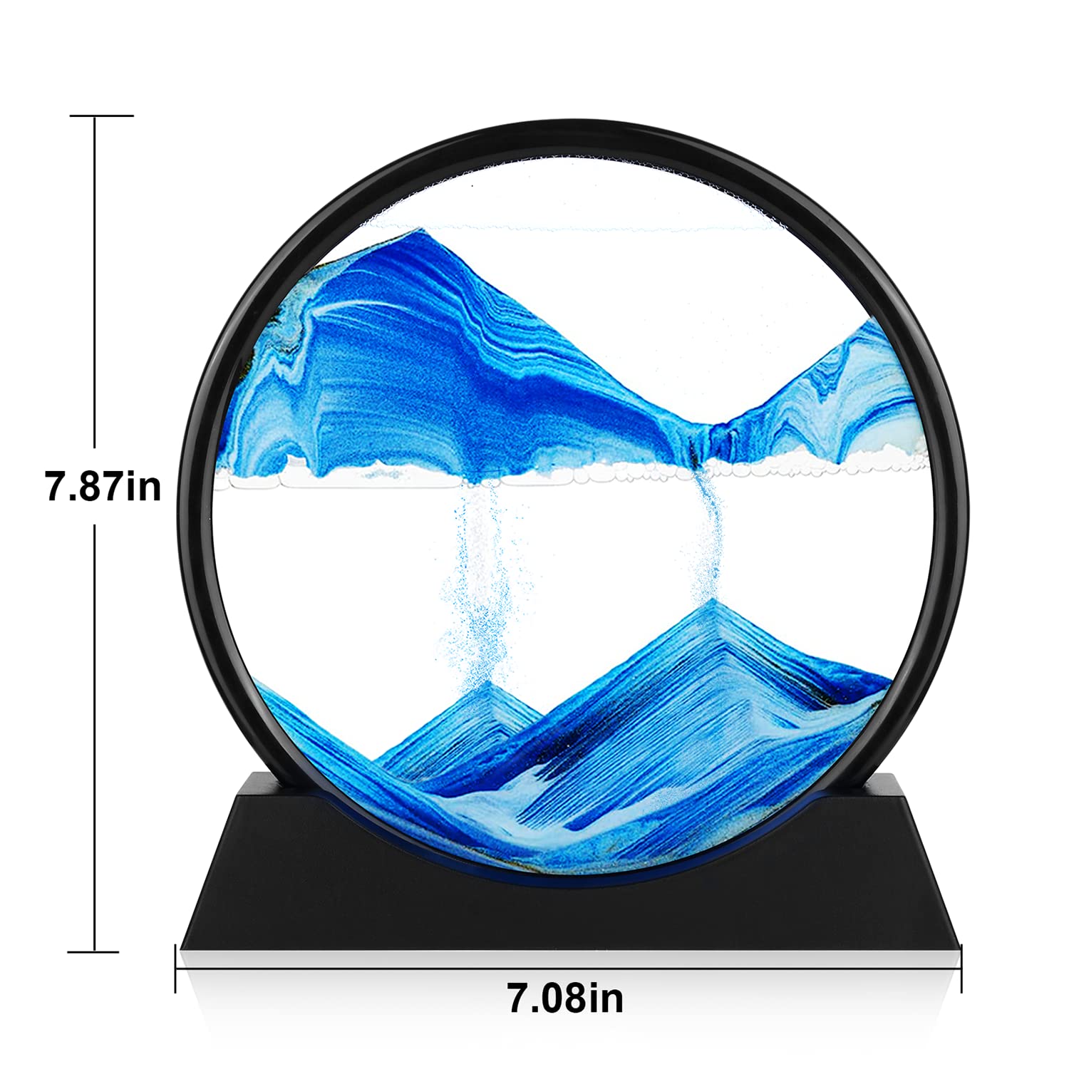 Moving Sand Art Picture - 3D Quicksand Painting Decor - Round Glass 3D Deep Sea Sandscape - Relaxing Home Decoration Desk Toys for Home Office Desk Mantle Bookshelf- (Blue, 7 in)