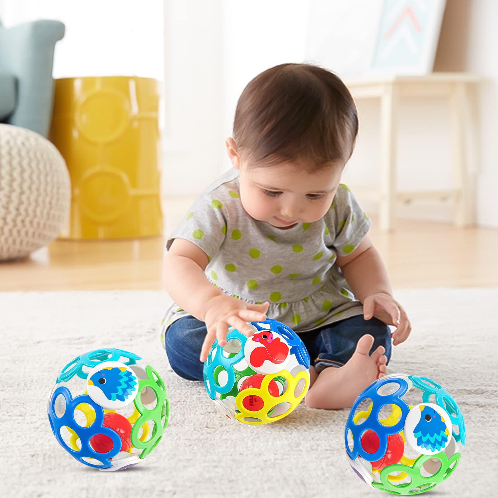 Auspint 6-12 Months Infant Easy Grip Rattle Ball Toys, Sensory Balls for Newborns to Practice Hand Grip Skills