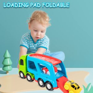 Auspint Car Toys for 1 2 3 4 5 Years Old Toddlers, Large Transport Truck and 2 Small Cartoon Magnetic Racing Cars, Transport Truck with Sounds and Lights, Best Gift for Boys and Girls