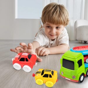 Auspint Car Toys for 1 2 3 4 5 Years Old Toddlers, Large Transport Truck and 2 Small Cartoon Magnetic Racing Cars, Transport Truck with Sounds and Lights, Best Gift for Boys and Girls