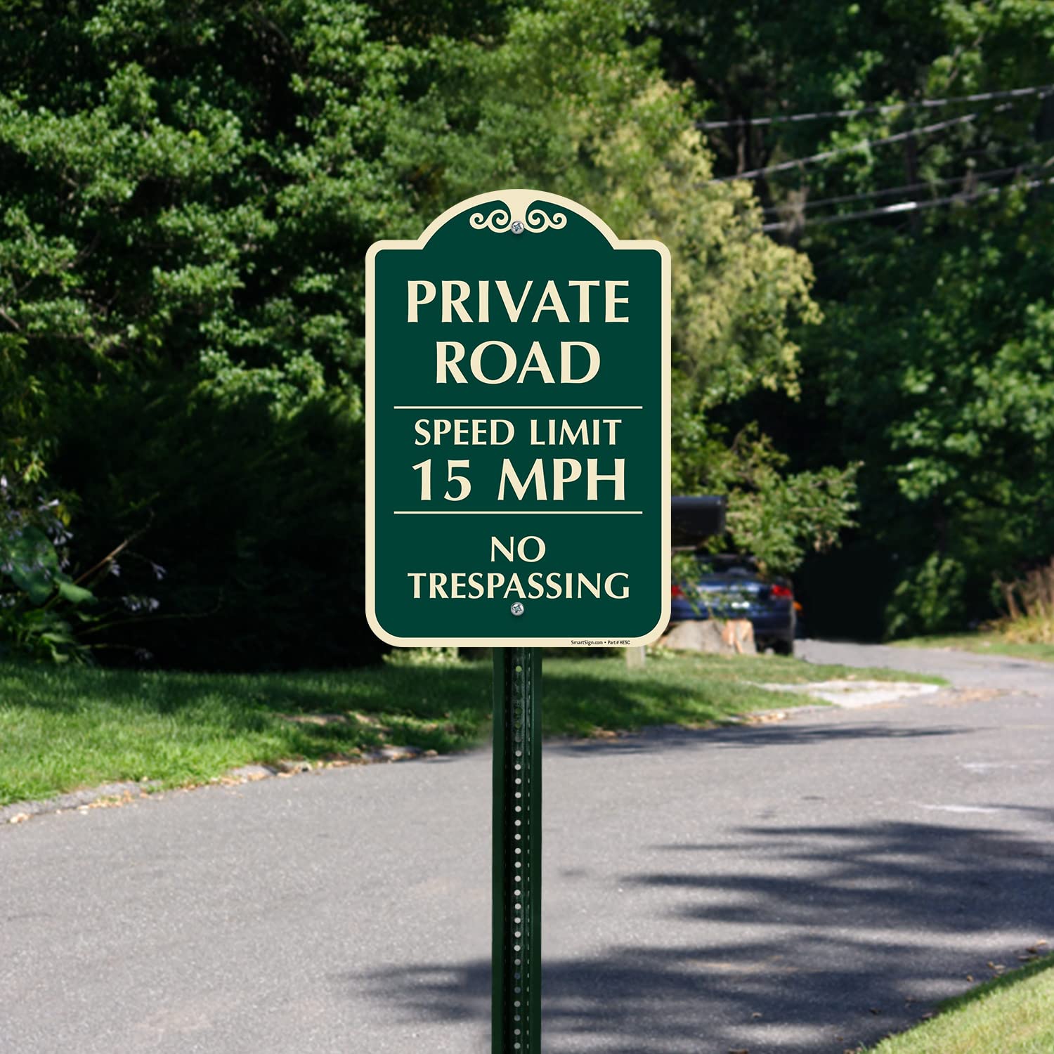 SmartSign Designer "Private Road - Speed Limit 15 MPH, No Trespassing" Sign, 12" x 18", 120 mil Aluminum Composite (ACM) with Overcoat, Engineer Grade Reflective, Green, Made in USA