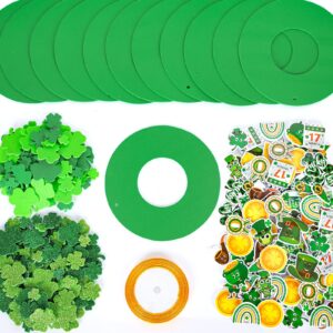 Whaline 12Pcs St. Patrick's Day Foam Wreath Crafts with 400Pcs Glitter Green Shamrock Hat Elf Gold Coin Stickers and Yellow Ribbons DIY Foam Wreath Signs for Kids St. Patrick's Day Party Art Project