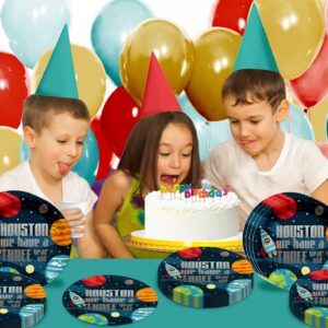 Houston We Have a Three Year Old Space Party Supplies - 32 Piece Space Third Birthday Party Plates - Boys 3rd Birthday Party - Rocket Large 9" Plates In Bulk