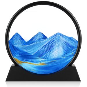 moving sand art picture - 3d quicksand painting decor - round glass 3d deep sea sandscape - relaxing home decoration desk toys for home office desk mantle bookshelf- (blue, 7 in)