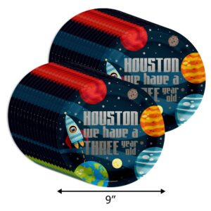 Houston We Have a Three Year Old Space Party Supplies - 32 Piece Space Third Birthday Party Plates - Boys 3rd Birthday Party - Rocket Large 9" Plates In Bulk