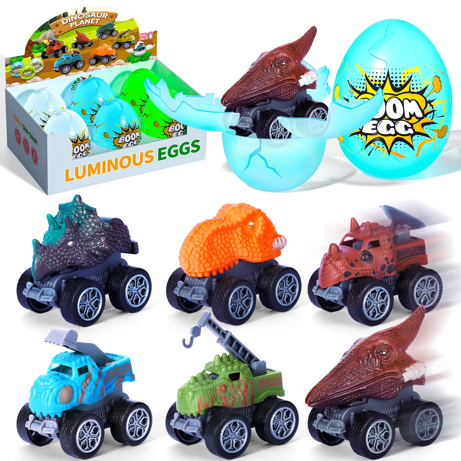 Glow in The Dark Prefilled Easter Eggs with Dinosaur Truck, Easter Basket Stuffers for Toddler Boys Girls,Dinosaur Egg Toys for Kids