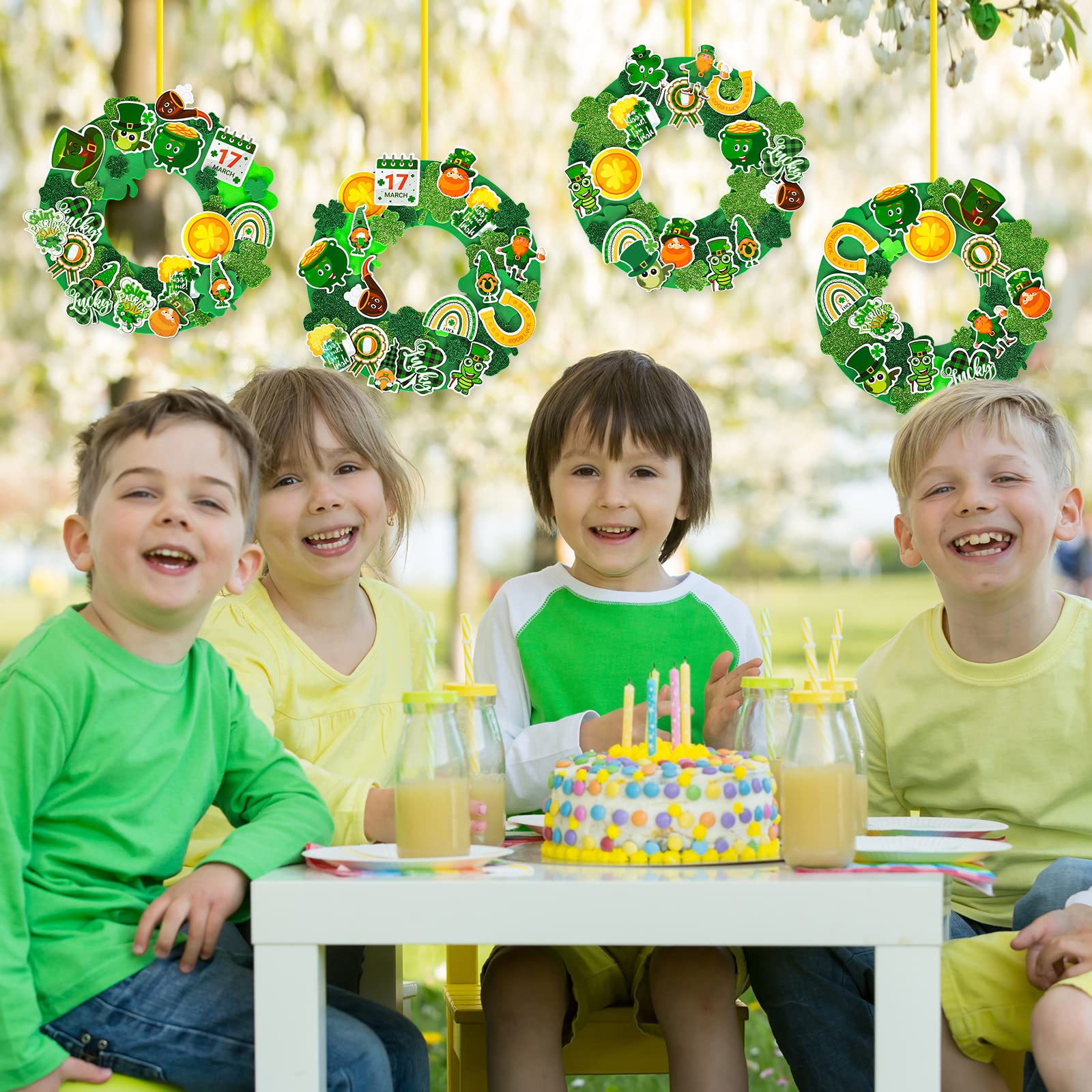 Whaline 12Pcs St. Patrick's Day Foam Wreath Crafts with 400Pcs Glitter Green Shamrock Hat Elf Gold Coin Stickers and Yellow Ribbons DIY Foam Wreath Signs for Kids St. Patrick's Day Party Art Project