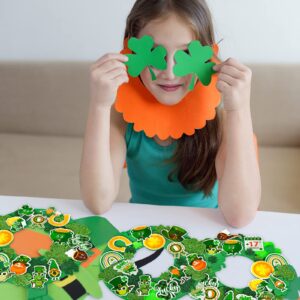 Whaline 12Pcs St. Patrick's Day Foam Wreath Crafts with 400Pcs Glitter Green Shamrock Hat Elf Gold Coin Stickers and Yellow Ribbons DIY Foam Wreath Signs for Kids St. Patrick's Day Party Art Project