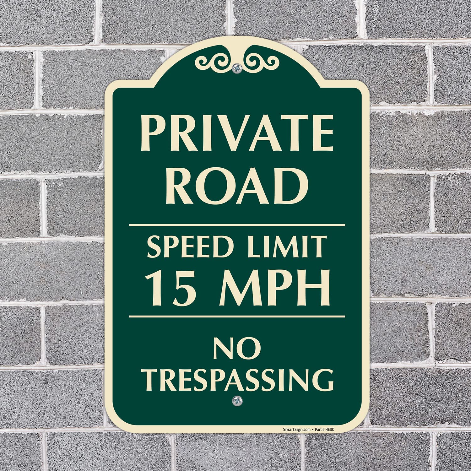 SmartSign Designer "Private Road - Speed Limit 15 MPH, No Trespassing" Sign, 12" x 18", 120 mil Aluminum Composite (ACM) with Overcoat, Engineer Grade Reflective, Green, Made in USA