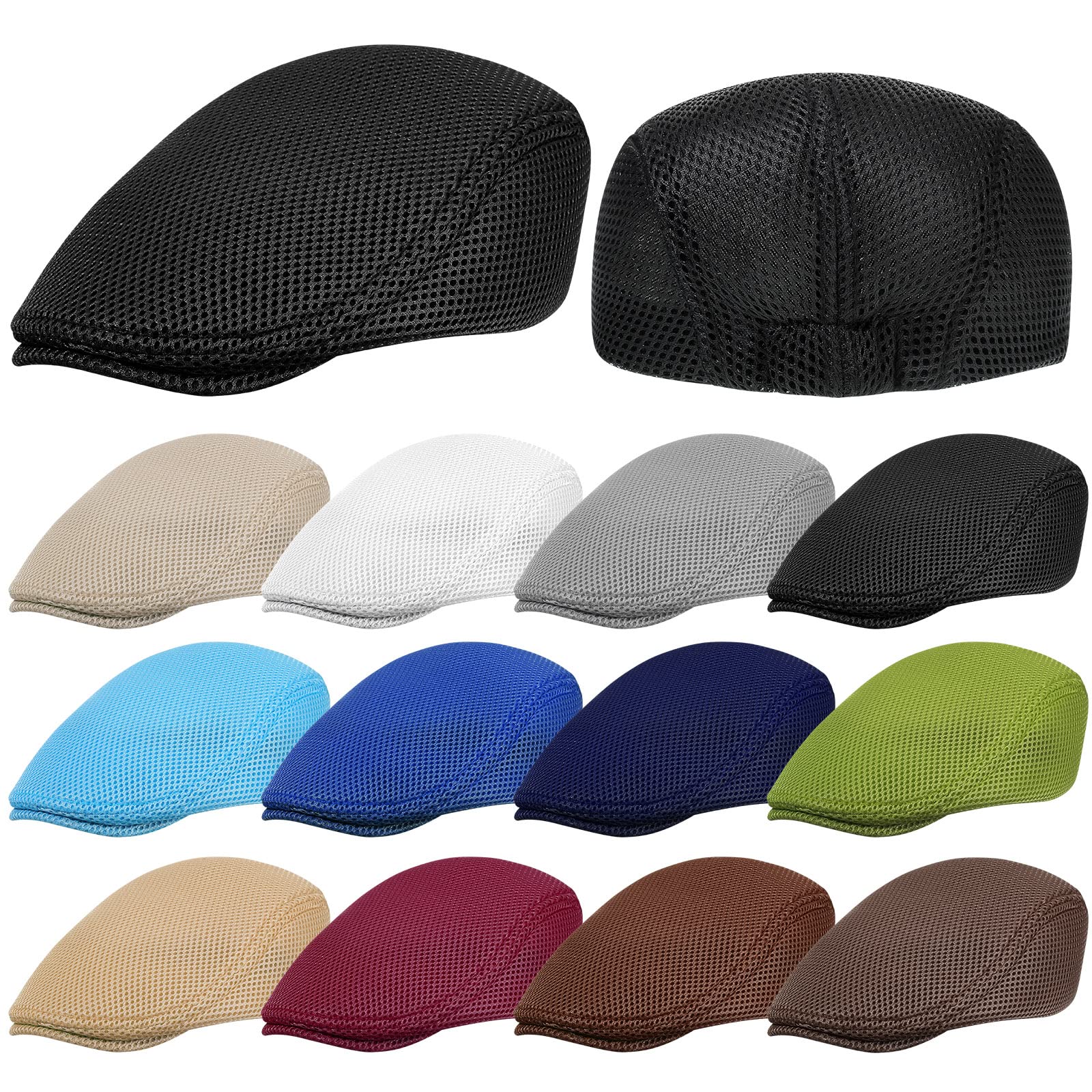 12 Pieces Mesh Newsboy Hat for Men Flat Cap Breathable Summer Beret Cap Cabbie for Golf Baseball Driving