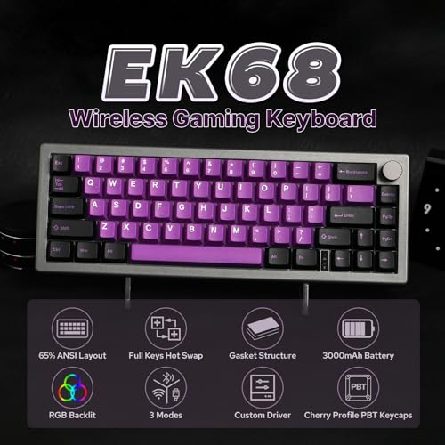 EPOMAKER EK68 65% Wireless Gaming Keyboard, Hot Swappable Gasket Mechanical Keyboard with Metal Knob, Bluetooth 5.0/2.4Ghz Wireless/USB-C Wired Custom Keyboard (Black Purple, Budgerigar Switch)