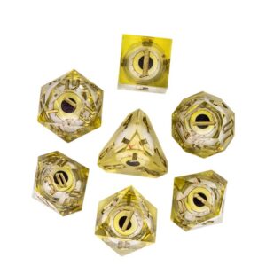 Yellow Beholder Eyeball Sharp DND Dice Set with Leather Dice Box | for Dungeons and Dragons, D&D, Sharp Edge, D20 Polyhedral Resin Dice, Dungeons and Dragons Gifts, Accessories