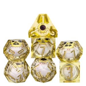 yellow beholder eyeball sharp dnd dice set with leather dice box | for dungeons and dragons, d&d, sharp edge, d20 polyhedral resin dice, dungeons and dragons gifts, accessories