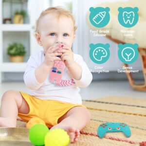 2PCS Silicone Baby Teething Toys, Remote Control Shape Teething Toys and Game Controller Teether Toy with 2PCS Pacifier Clip, BPA Free Silicone Remote Teether for Baby 3+ Months,Frozen(Bule&Pink)