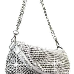 Zzfab Mesh Bing Fanny Crossbody Bags Rhinestone Clutches bling Evening Purse for Wedding and Prom Silver