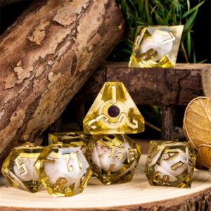 Yellow Beholder Eyeball Sharp DND Dice Set with Leather Dice Box | for Dungeons and Dragons, D&D, Sharp Edge, D20 Polyhedral Resin Dice, Dungeons and Dragons Gifts, Accessories