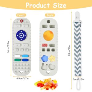 2PCS Silicone Baby Teething Toys, Remote Control Shape Teether Toys with 2PCS Pacifier Clip, Silicone Remote Teether for Baby 3+ Months, BPA Free Baby Teether Toy Frozen/Dishwasher Safe(Black&Beige)