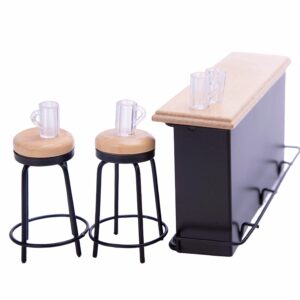 SUCCUNA Dollhouse Furniture Mini Wooden Pub Table Set Miniature Bar Counter Chairs with Tiny Wine Bottle Magazine for Home Desktop Craft Decor Props