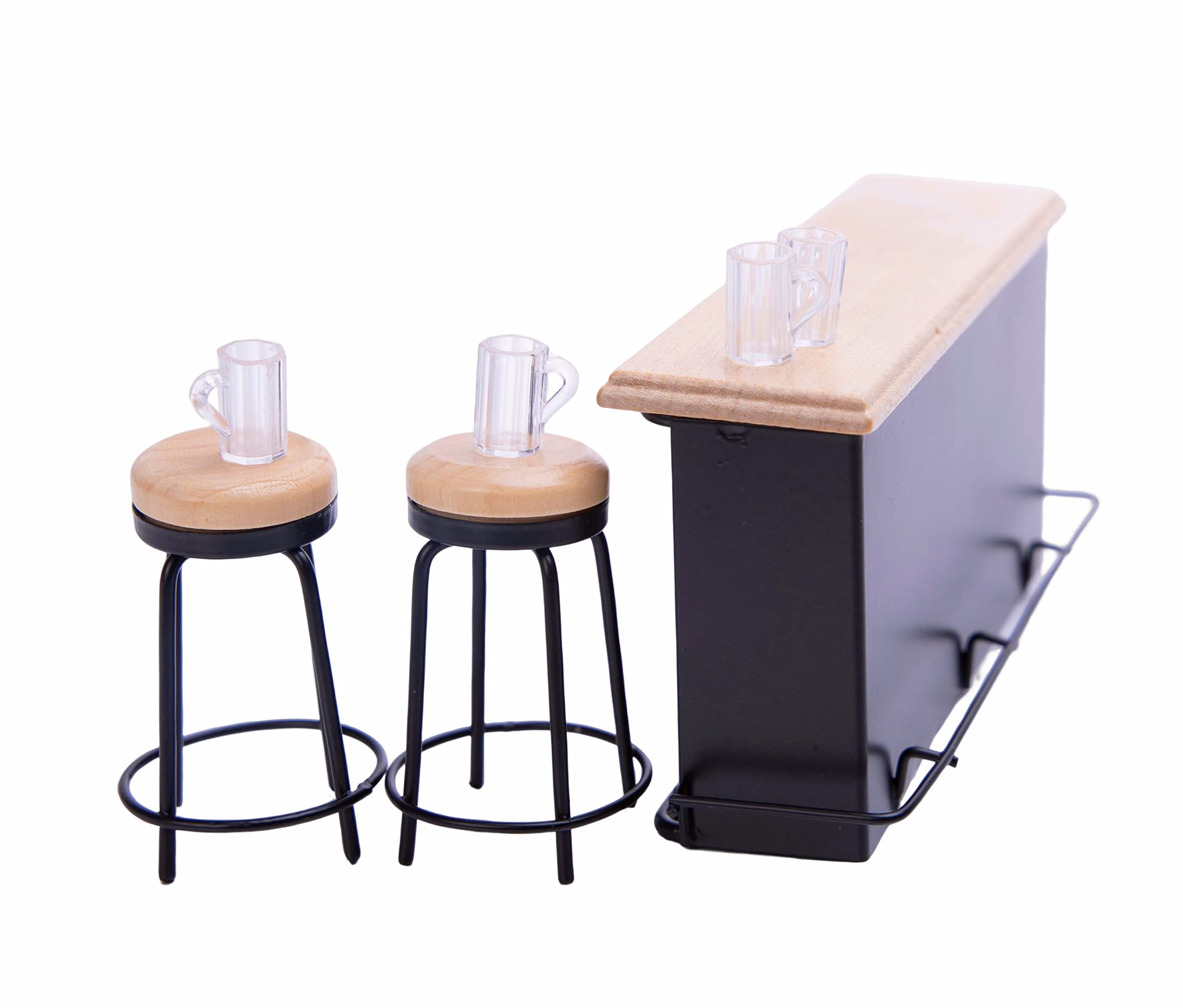 SUCCUNA Dollhouse Furniture Mini Wooden Pub Table Set Miniature Bar Counter Chairs with Tiny Wine Bottle Magazine for Home Desktop Craft Decor Props