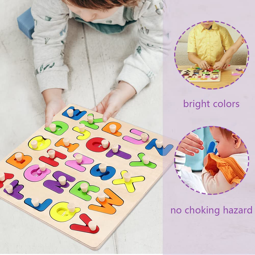 CCMTangHong Wooden Alphabet Puzzle ABC ，Letter Puzzle with Button,Montessori Matching Game Jigsaw Toy，Educational Early Learning Toy Gift for Preschool Year Old Kids