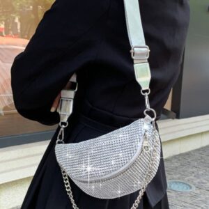 Zzfab Mesh Bing Fanny Crossbody Bags Rhinestone Clutches bling Evening Purse for Wedding and Prom Silver