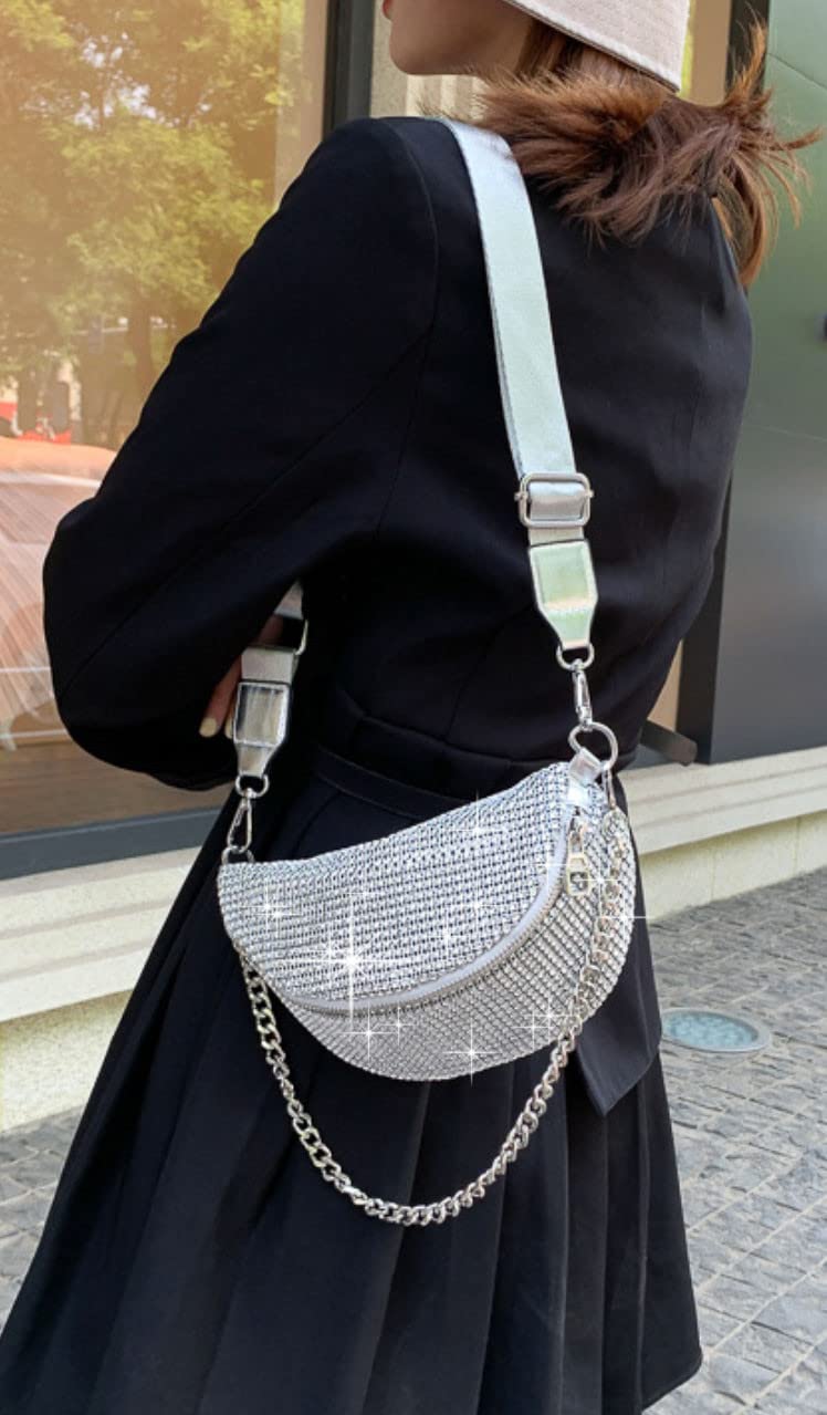 Zzfab Mesh Bing Fanny Crossbody Bags Rhinestone Clutches bling Evening Purse for Wedding and Prom Silver