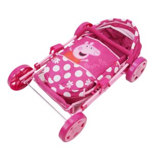 Peppa Pig: Baby Classic Doll Pram Set - Pink & White Dots - 7 Piece Set, Fits Dolls Up to 18", Retractable Canopy, Storage Basket, Diaper Bag & 5 Feeding Accessories, Pretend Play for Kids Ages 3+