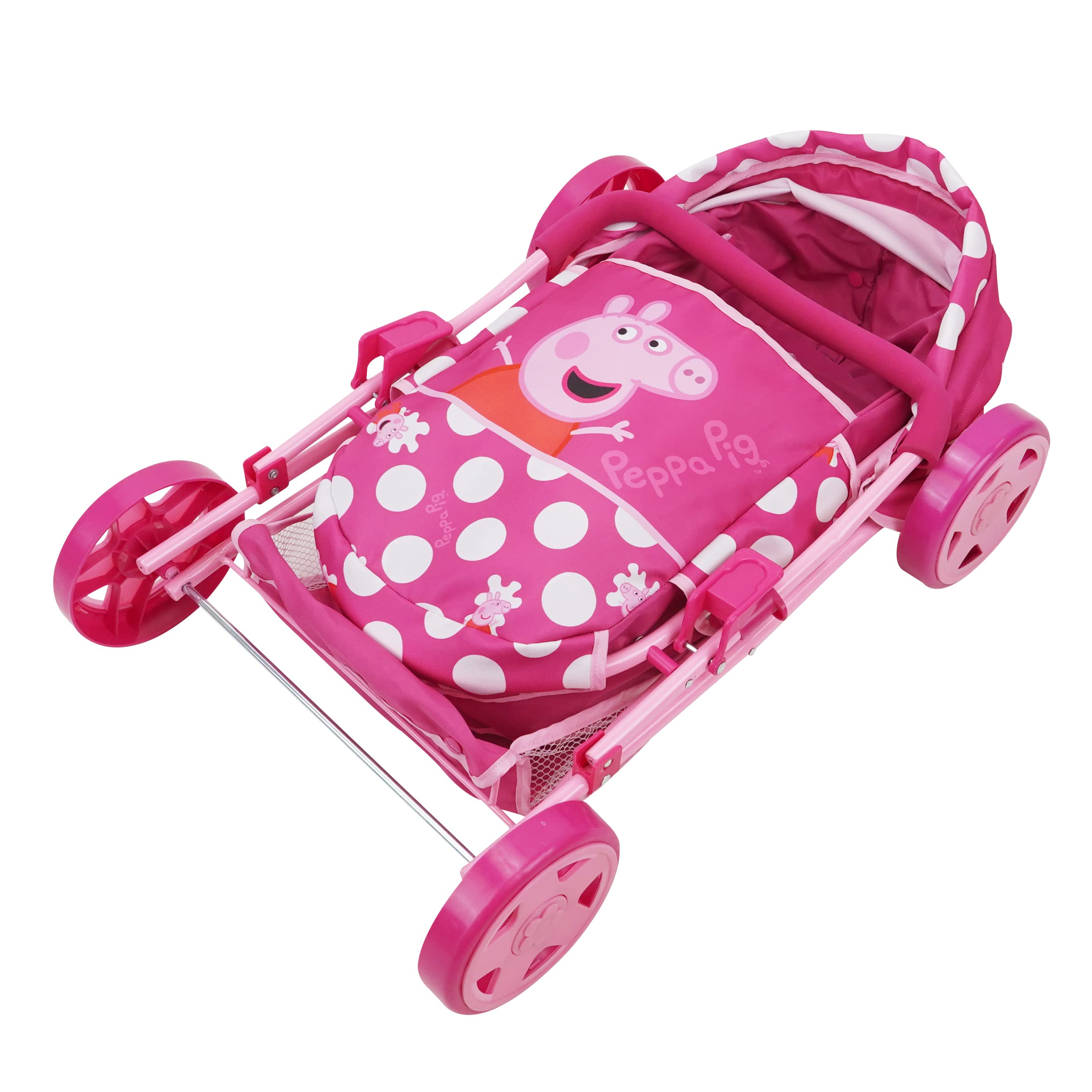 Peppa Pig: Baby Classic Doll Pram Set - Pink & White Dots - 7 Piece Set, Fits Dolls Up to 18", Retractable Canopy, Storage Basket, Diaper Bag & 5 Feeding Accessories, Pretend Play for Kids Ages 3+