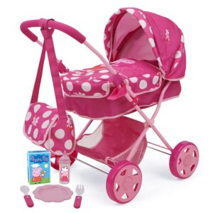 peppa pig: baby classic doll pram set - pink & white dots - 7 piece set, fits dolls up to 18", retractable canopy, storage basket, diaper bag & 5 feeding accessories, pretend play for kids ages 3+