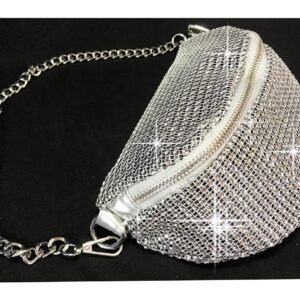 Zzfab Mesh Bing Fanny Crossbody Bags Rhinestone Clutches bling Evening Purse for Wedding and Prom Silver