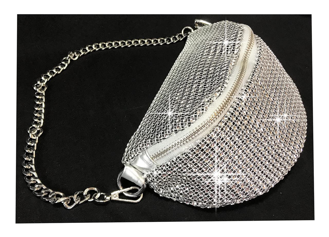 Zzfab Mesh Bing Fanny Crossbody Bags Rhinestone Clutches bling Evening Purse for Wedding and Prom Silver