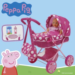 Peppa Pig: Baby Classic Doll Pram Set - Pink & White Dots - 7 Piece Set, Fits Dolls Up to 18", Retractable Canopy, Storage Basket, Diaper Bag & 5 Feeding Accessories, Pretend Play for Kids Ages 3+