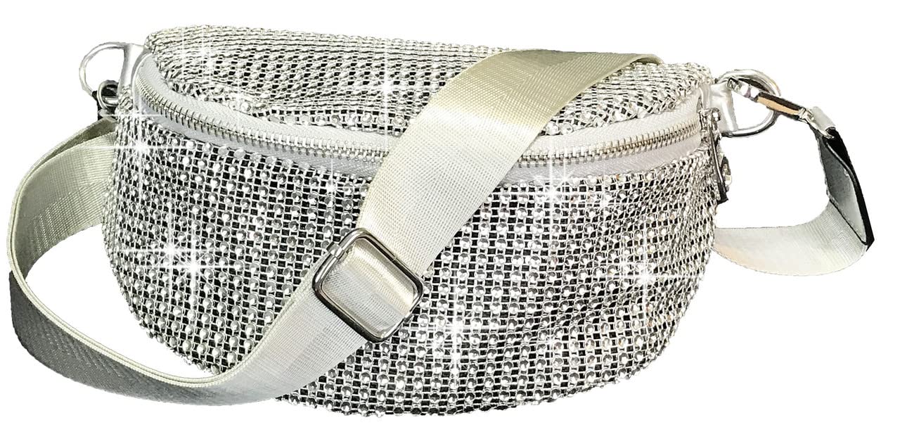 Zzfab Mesh Bing Fanny Crossbody Bags Rhinestone Clutches bling Evening Purse for Wedding and Prom Silver