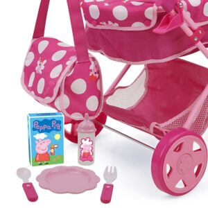 Peppa Pig: Baby Classic Doll Pram Set - Pink & White Dots - 7 Piece Set, Fits Dolls Up to 18", Retractable Canopy, Storage Basket, Diaper Bag & 5 Feeding Accessories, Pretend Play for Kids Ages 3+