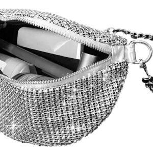 Zzfab Mesh Bing Fanny Crossbody Bags Rhinestone Clutches bling Evening Purse for Wedding and Prom Silver