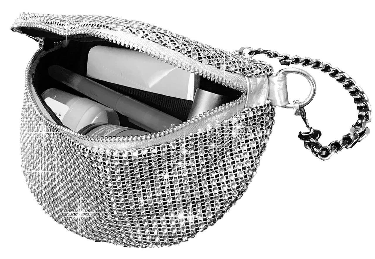 Zzfab Mesh Bing Fanny Crossbody Bags Rhinestone Clutches bling Evening Purse for Wedding and Prom Silver