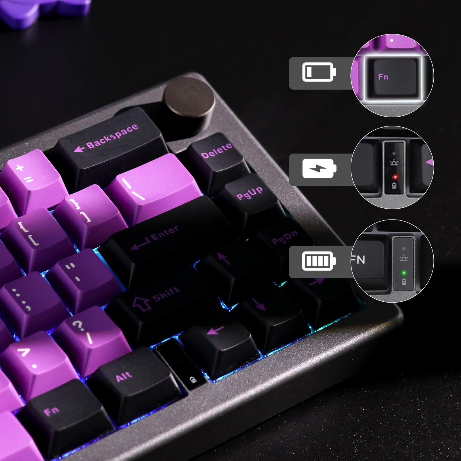 EPOMAKER EK68 65% Wireless Gaming Keyboard, Hot Swappable Gasket Mechanical Keyboard with Metal Knob, Bluetooth 5.0/2.4Ghz Wireless/USB-C Wired Custom Keyboard (Black Purple, Flamingo Switch)